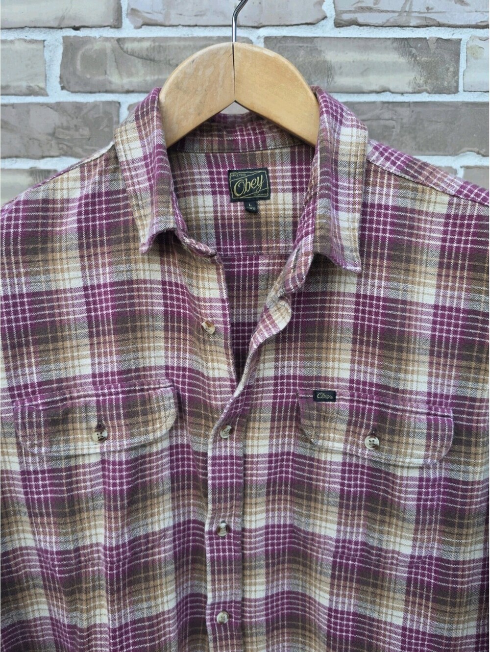 Obey Mens Plaid Flannel Shirt Size L Burgundy Tan Button Front Long Sleeve